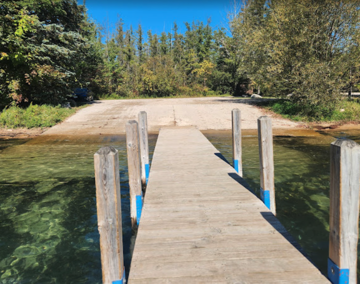 View from the pier looking back at the ramp and parking area