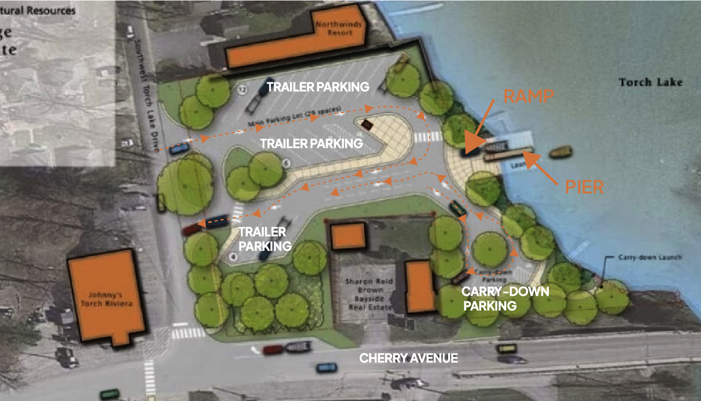 Annotated aerial diagram of Torch River Bridge Boat Launch